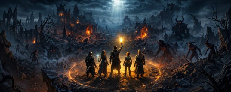 Vier Abenteurer trotzen in NeverLight mit einem Lichtartefakt einer dämonischen Dunkelwelt.