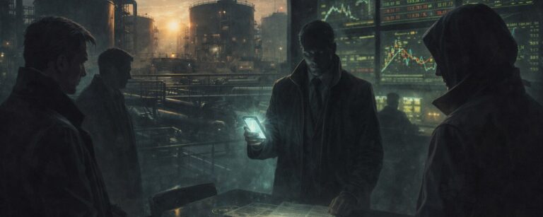 Düstere Fantasy-Illustration eines Ölmarkts mit brennenden Anzeigetafeln, schwarzen Tanks, schattenhaften Händlern und einem unheimlichen Kommunikationsleuchten vor einem Trump-Post.