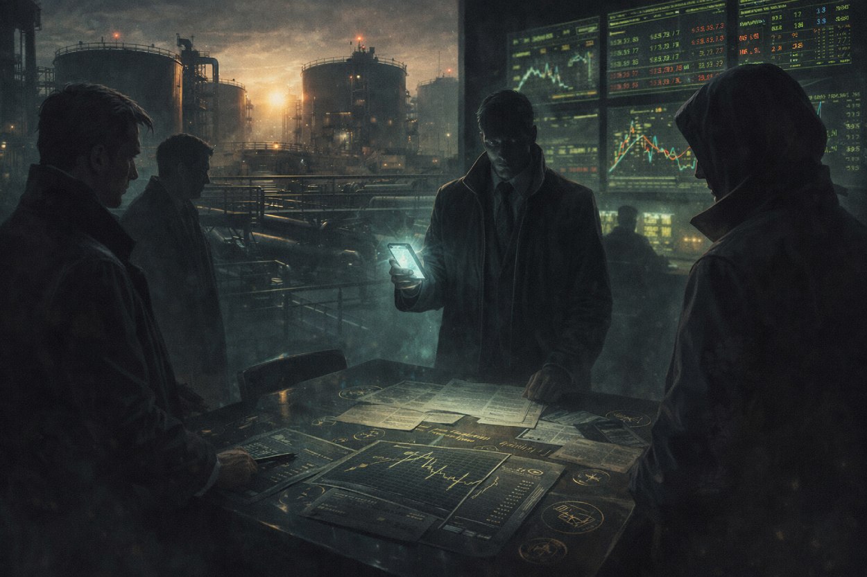 Düstere Fantasy-Illustration eines Ölmarkts mit brennenden Anzeigetafeln, schwarzen Tanks, schattenhaften Händlern und einem unheimlichen Kommunikationsleuchten vor einem Trump-Post.