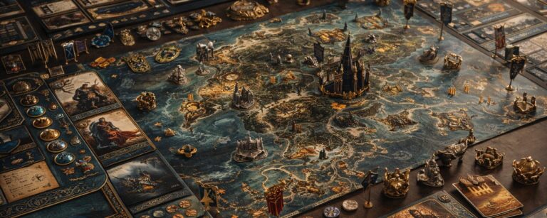 Edles Fantasy-Brettspiel auf einem großen Spieltisch: Eine detailreiche Weltkarte mit Burgen, Bannern, Kronen, Karten und Miniaturen ist in Blau- und Goldtönen ausgebreitet und wirkt wie ein strategisches Königreichsspiel.