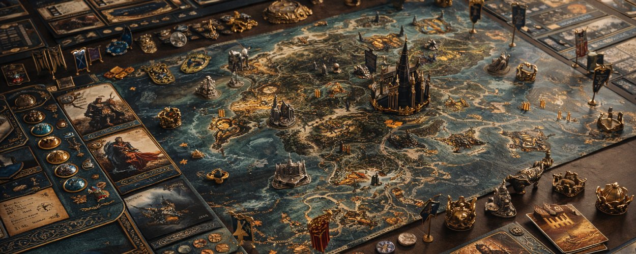 Edles Fantasy-Brettspiel auf einem großen Spieltisch: Eine detailreiche Weltkarte mit Burgen, Bannern, Kronen, Karten und Miniaturen ist in Blau- und Goldtönen ausgebreitet und wirkt wie ein strategisches Königreichsspiel.