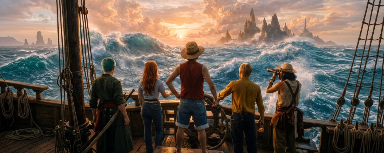 Piratencrew auf einem Schiff vor der Grand Line als Sinnbild für One Piece Staffel 2 auf Netflix.