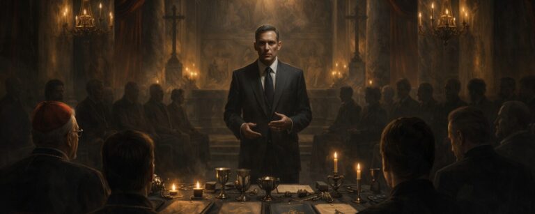 Düstere cineastische Szene in einer römischen Kapelle oder einem Palazzo: Ein kühl wirkender Redner im schwarzen Anzug steht vor einer kleinen, exklusiven Runde aus Klerikern, Eliten und Strategen. Über ihm leuchtet ein ringförmiges, finsteres Himmelszeichen, während Kerzen, Kelche, Mappen und dunkle Vorhänge die geheime Endzeitstimmung verstärken.