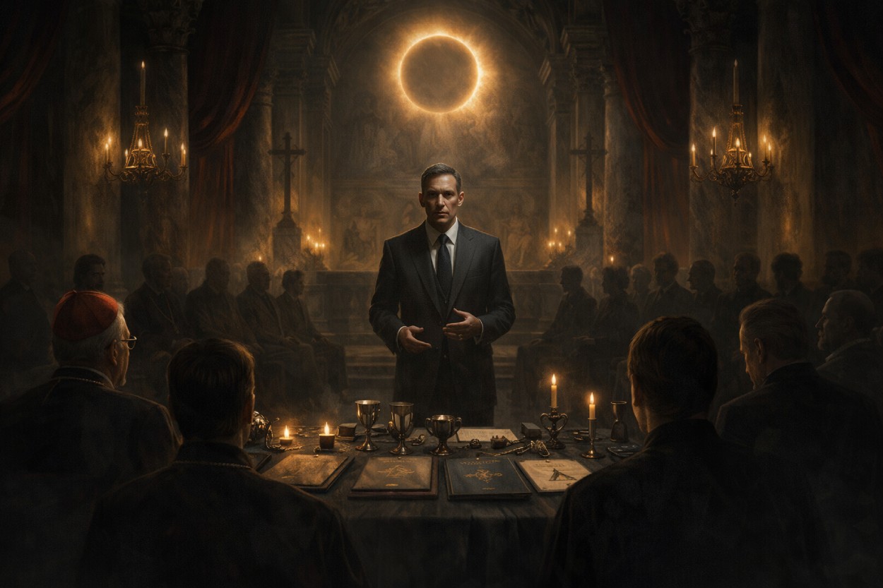 Düstere cineastische Szene in einer römischen Kapelle oder einem Palazzo: Ein kühl wirkender Redner im schwarzen Anzug steht vor einer kleinen, exklusiven Runde aus Klerikern, Eliten und Strategen. Über ihm leuchtet ein ringförmiges, finsteres Himmelszeichen, während Kerzen, Kelche, Mappen und dunkle Vorhänge die geheime Endzeitstimmung verstärken.