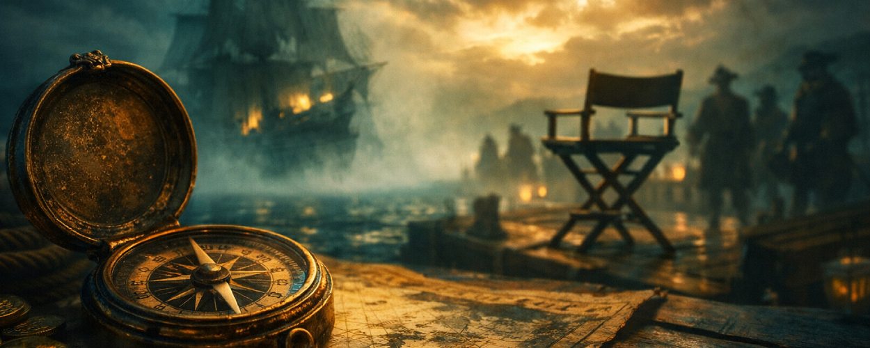 Ein Geisterschiff taucht aus dichtem Nebel auf, während ein alter Kompass die unklare Zukunft von Fluch der Karibik andeutet.