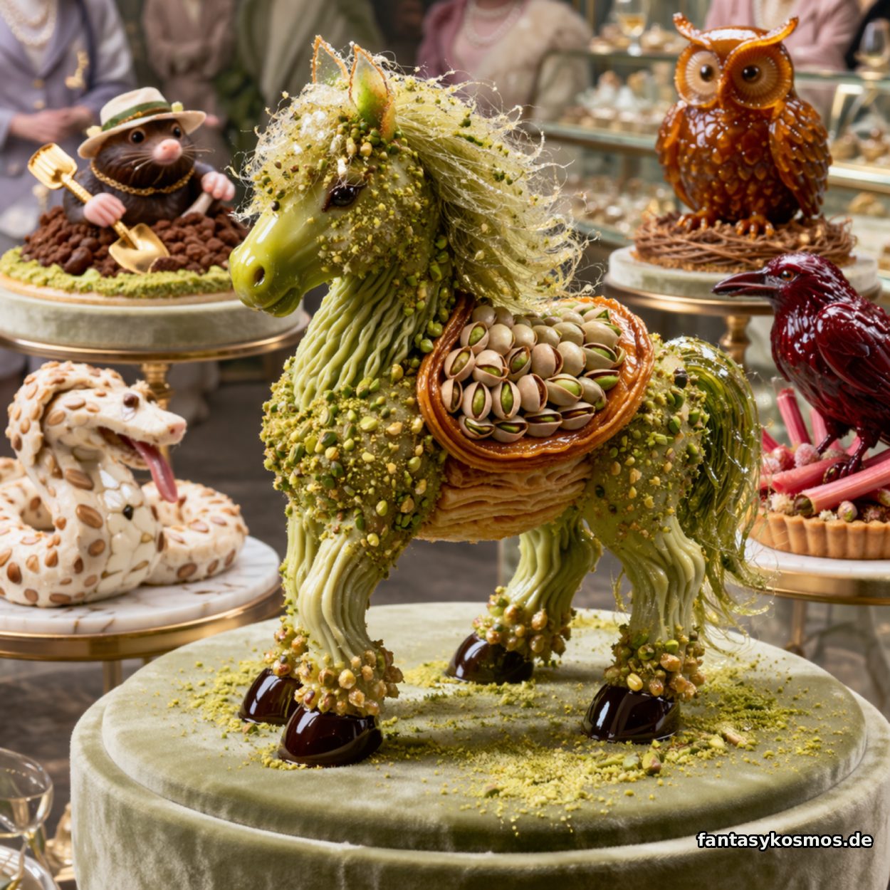 Absurdes Pistazien Pony aus feinem Ostergebäck auf einem Präsentationstisch, umgeben von weiteren luxuriösen Ostertieren aus Süßwaren.