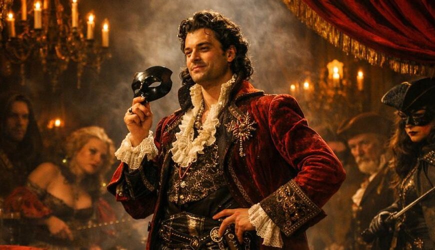 Opulente Theater-Szene im Stil des 19. Jahrhunderts: Ein eitler Kavalier in rotem Samtmantel hält eine schwarze Maske in der Hand, umgeben von maskierten Figuren, Kerzenlicht, Rauch und einer geheimnisvollen Truhe.