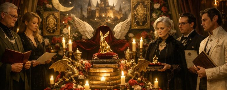 Düster-elegante Zeremonie im Fantasy-Stil: Mehrere ernst blickende Juryfiguren stehen um einen reich geschmückten Altar aus Büchern, Rosen, Kerzen und Drachenfiguren, in dessen Mitte ein goldener Hasenpreis vor Mond- und Schlossmotiv präsentiert wird.
