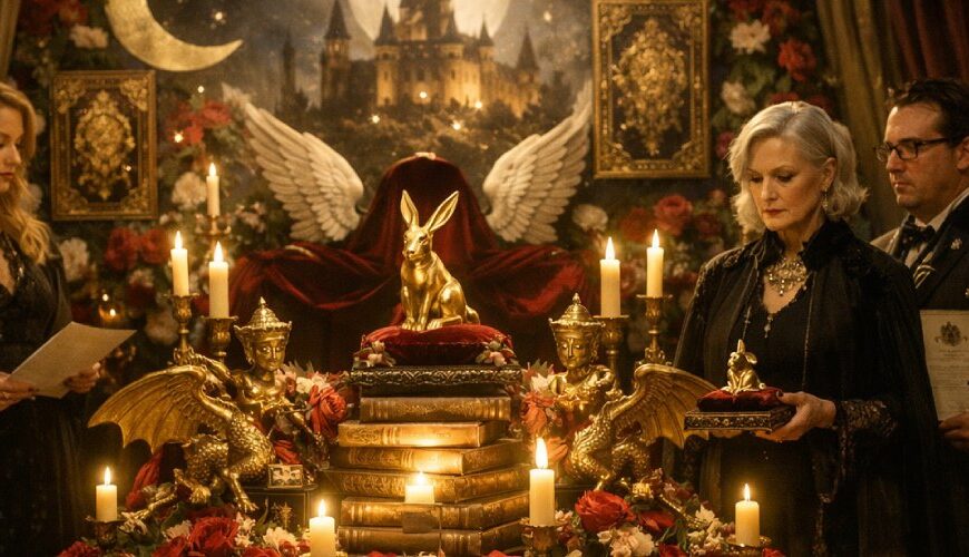 Düster-elegante Zeremonie im Fantasy-Stil: Mehrere ernst blickende Juryfiguren stehen um einen reich geschmückten Altar aus Büchern, Rosen, Kerzen und Drachenfiguren, in dessen Mitte ein goldener Hasenpreis vor Mond- und Schlossmotiv präsentiert wird.