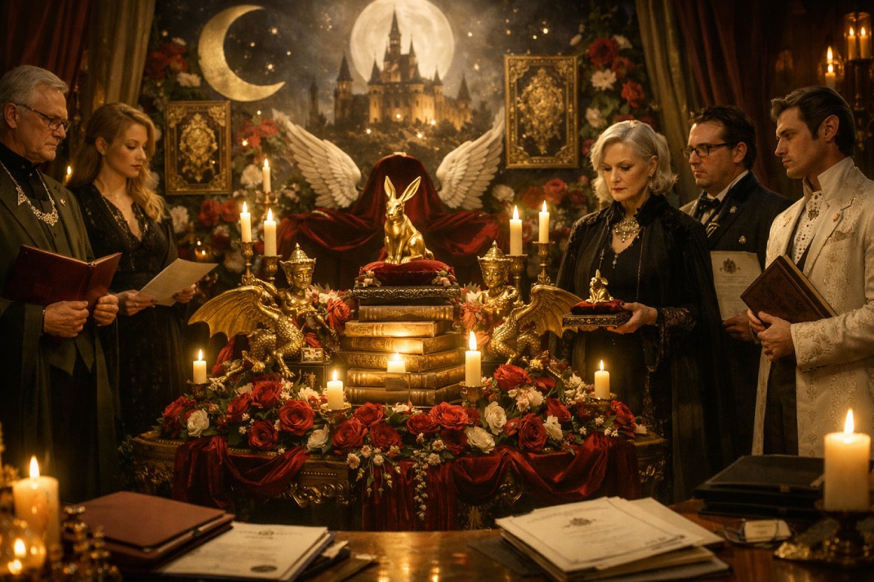 Düster-elegante Zeremonie im Fantasy-Stil: Mehrere ernst blickende Juryfiguren stehen um einen reich geschmückten Altar aus Büchern, Rosen, Kerzen und Drachenfiguren, in dessen Mitte ein goldener Hasenpreis vor Mond- und Schlossmotiv präsentiert wird.