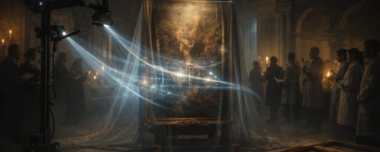 Restauratoren-Labor in einer historischen Museumshalle: Ein verhülltes Barockgemälde auf einer Staffelei wird von Scan-Lichtstrahlen durchleuchtet, rechts stehen Experten in Kitteln, vorn liegt ein Holzrahmen.