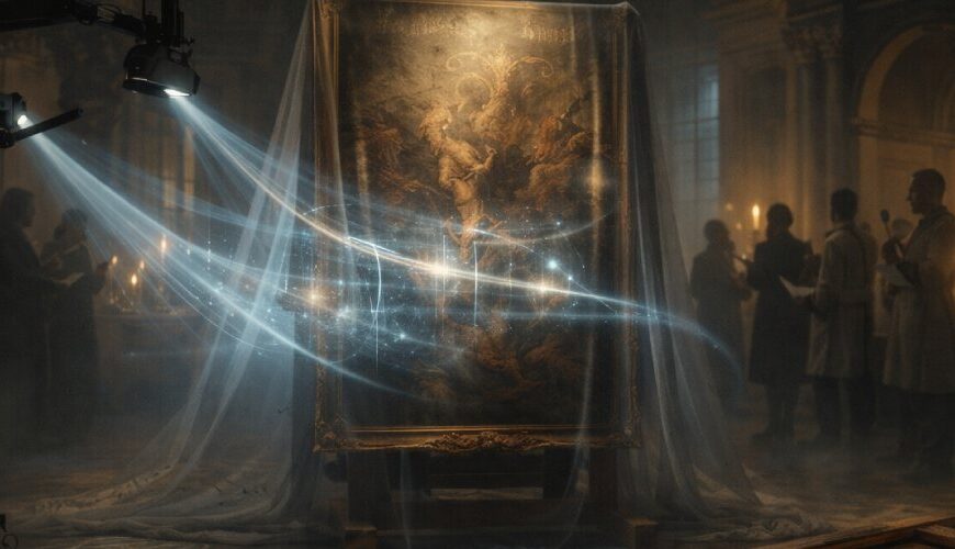 Restauratoren-Labor in einer historischen Museumshalle: Ein verhülltes Barockgemälde auf einer Staffelei wird von Scan-Lichtstrahlen durchleuchtet, rechts stehen Experten in Kitteln, vorn liegt ein Holzrahmen.