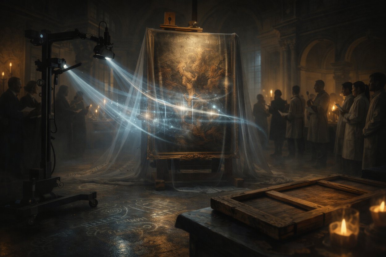 Restauratoren-Labor in einer historischen Museumshalle: Ein verhülltes Barockgemälde auf einer Staffelei wird von Scan-Lichtstrahlen durchleuchtet, rechts stehen Experten in Kitteln, vorn liegt ein Holzrahmen.