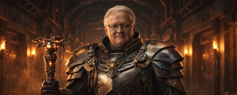 Armin Papperger in überladener stählerner Fantasyrüstung mit Drohnenzepter in einem düsteren Bunkergang mit Fackellicht