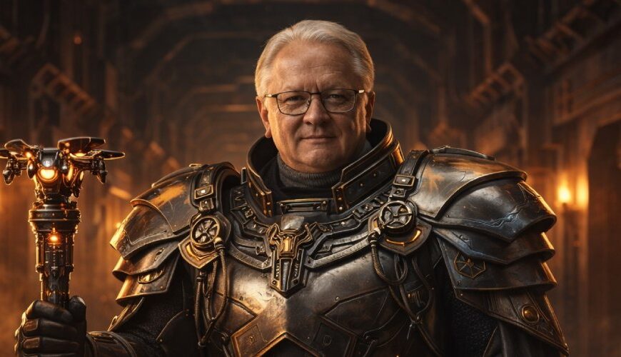 Armin Papperger in überladener stählerner Fantasyrüstung mit Drohnenzepter in einem düsteren Bunkergang mit Fackellicht