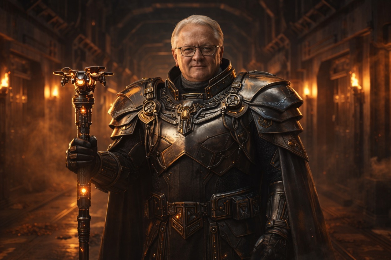 Armin Papperger in überladener stählerner Fantasyrüstung mit Drohnenzepter in einem düsteren Bunkergang mit Fackellicht