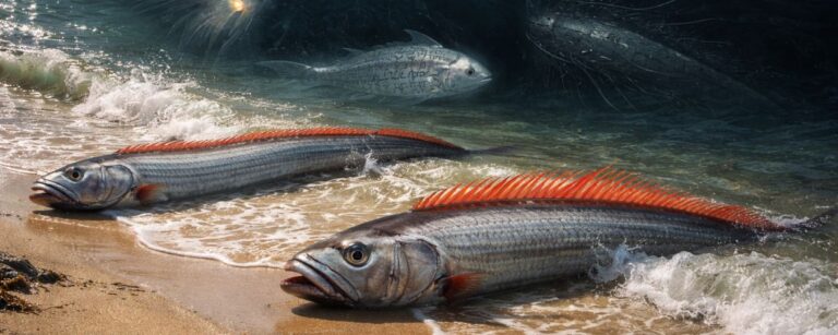 Zwei silbrige Riemenfische mit roten Rückenflossen liegen an einem Strand im flachen Wasser, darunter sind im dunklen Meer drei unheimliche Tiefseewesen zu sehen: ein geisterhaft leuchtender Fisch, ein fahl beschriftet wirkendes Wesen und eine schwarze, bartartige Schattenbestie.
