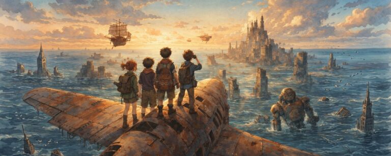 Rust Wings zeigt jugendliche Schatzsucher auf einem rostigen Flugzeug über einer versunkenen Ruinenwelt.