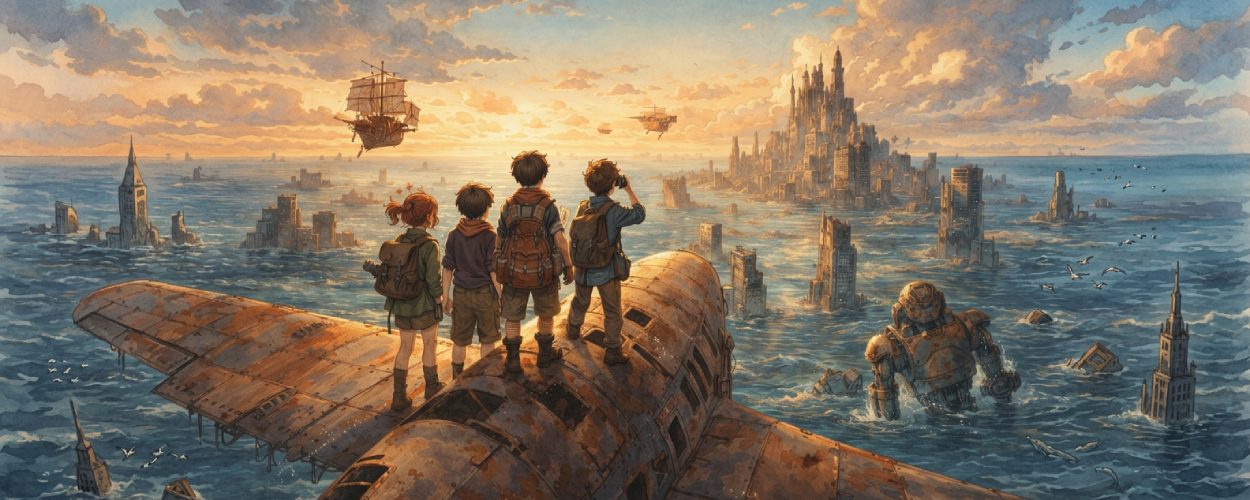 Rust Wings zeigt jugendliche Schatzsucher auf einem rostigen Flugzeug über einer versunkenen Ruinenwelt.