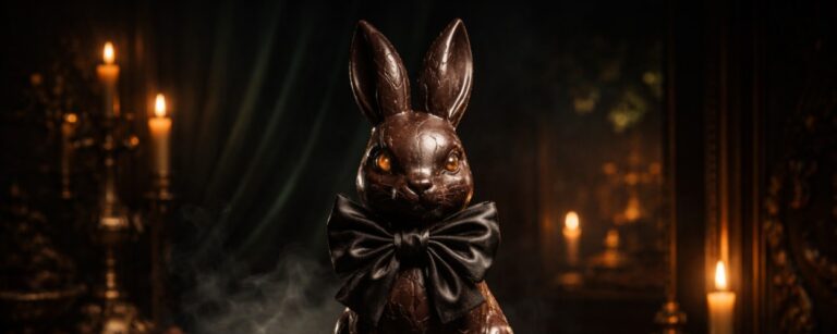 Dunkler Schokohase mit schwarzer Schleife und leuchtenden Augen auf schwarzem Samtpodest in düsterer, kultisch wirkender Umgebung mit Kerzenlicht und Kakaobohnen.