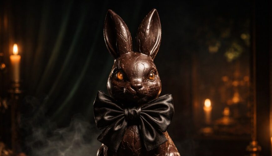 Dunkler Schokohase mit schwarzer Schleife und leuchtenden Augen auf schwarzem Samtpodest in düsterer, kultisch wirkender Umgebung mit Kerzenlicht und Kakaobohnen.