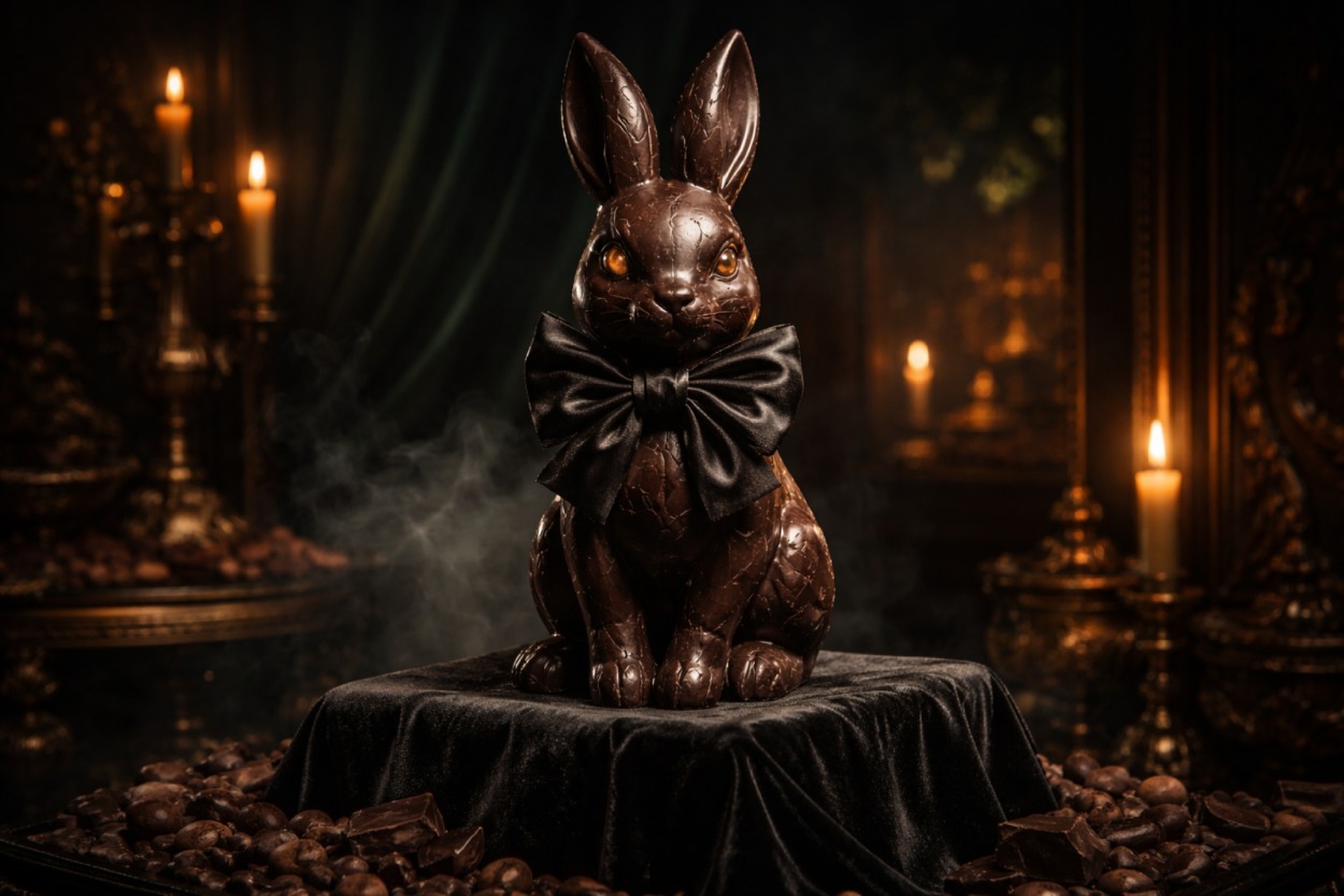 Dunkler Schokohase mit schwarzer Schleife und leuchtenden Augen auf schwarzem Samtpodest in düsterer, kultisch wirkender Umgebung mit Kerzenlicht und Kakaobohnen.