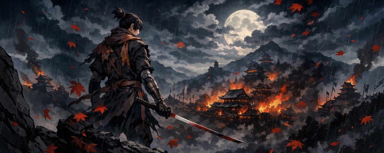 Animehafte Fantasy-Szene bei Nacht: Ein einarmiger Shinobi mit gezogenem Katana steht im Regen auf einem Felsen und blickt auf eine brennende japanische Festungsstadt unter hellem Vollmond, während rote Ahornblätter durch die Luft wirbeln.