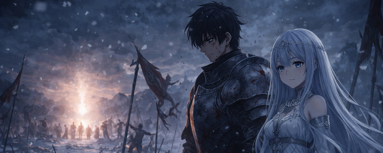 Xylo und Teoritta stehen in einer düsteren Schneelandschaft vor einem unheilvollen Licht, während hinter ihnen Krieg und Magie aufziehen.