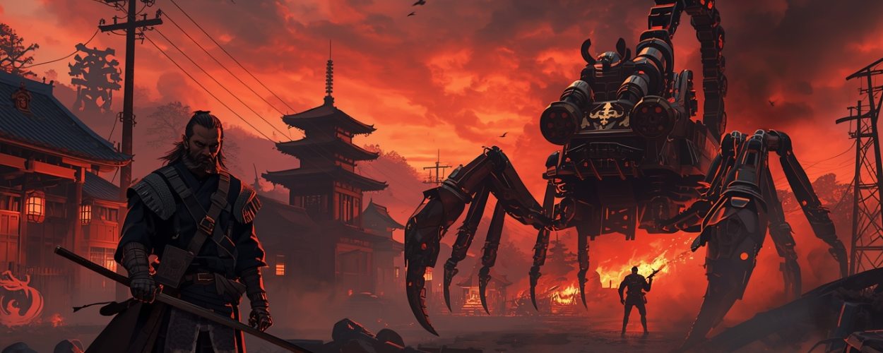 Ein Ronin und ein riesiger Roboskorpion in der düsteren Welt von Shadow of the Road im alternativen Japan von 1868.