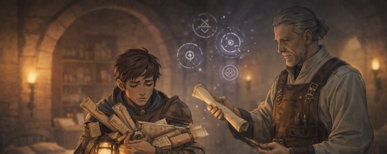 Ein überladener junger Sidekick sitzt in einer Fantasy-Klinik mit Laterne, Karten und Schriftrollen, während ein Arzt seine Begleiterrolle untersucht.