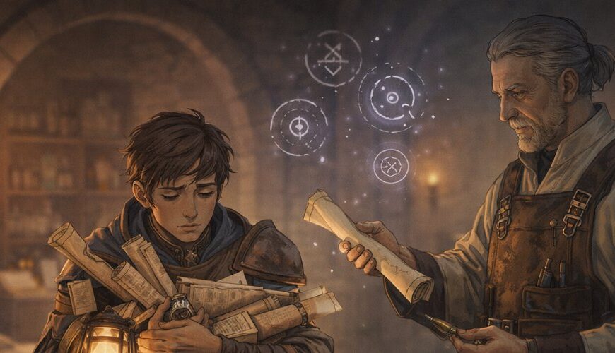 Ein überladener junger Sidekick sitzt in einer Fantasy-Klinik mit Laterne, Karten und Schriftrollen, während ein Arzt seine Begleiterrolle untersucht.