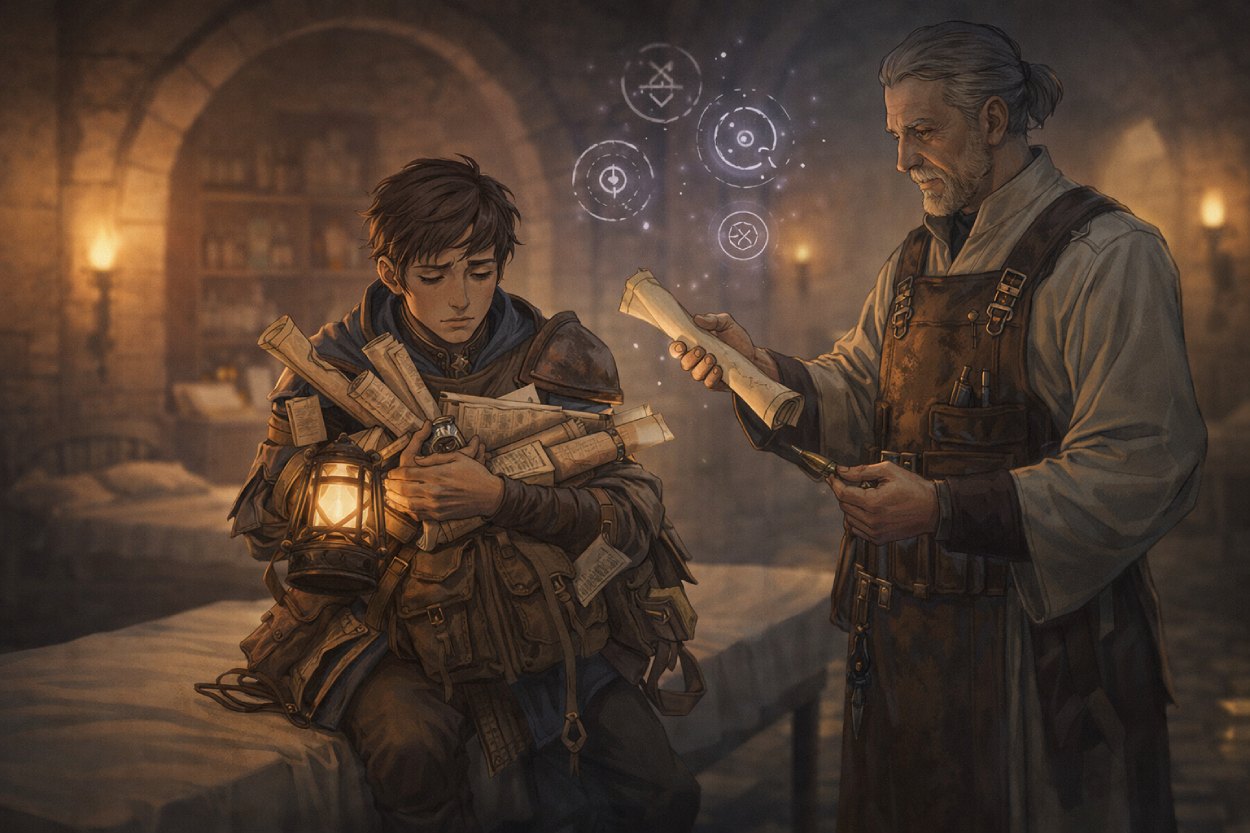 Ein überladener junger Sidekick sitzt in einer Fantasy-Klinik mit Laterne, Karten und Schriftrollen, während ein Arzt seine Begleiterrolle untersucht.