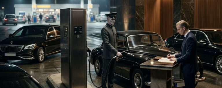 Luxuriöse dämonische Tankstation in einer nächtlichen Zwischenreichs-Halle: Ein gehörnter Tankwart füllt an schwarz-goldenen, runenverzierten Zapfsäulen einen dunklen Wagen mit alchemischem Treibstoff, während ein zweiter dämonischer Schreiber die Transaktion in ein Ledger einträgt. Im Hintergrund stehen elegante Limousinen vor einem leuchtenden Portal.