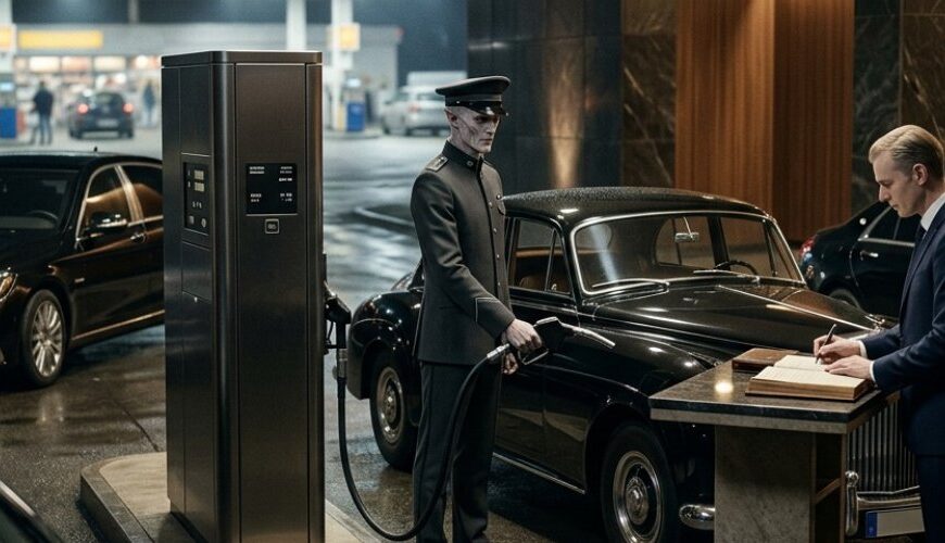 Luxuriöse dämonische Tankstation in einer nächtlichen Zwischenreichs-Halle: Ein gehörnter Tankwart füllt an schwarz-goldenen, runenverzierten Zapfsäulen einen dunklen Wagen mit alchemischem Treibstoff, während ein zweiter dämonischer Schreiber die Transaktion in ein Ledger einträgt. Im Hintergrund stehen elegante Limousinen vor einem leuchtenden Portal.