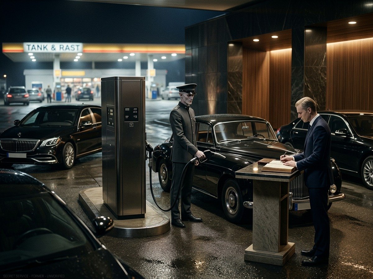 Luxuriöse dämonische Tankstation in einer nächtlichen Zwischenreichs-Halle: Ein gehörnter Tankwart füllt an schwarz-goldenen, runenverzierten Zapfsäulen einen dunklen Wagen mit alchemischem Treibstoff, während ein zweiter dämonischer Schreiber die Transaktion in ein Ledger einträgt. Im Hintergrund stehen elegante Limousinen vor einem leuchtenden Portal.