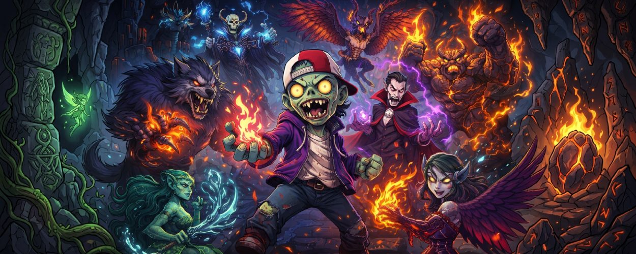 Zombie-Held mit verschiedenen Monsterformen in einer schrägen Fantasy-Action-Szene aus Stupid Never Dies.