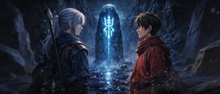 Zwei junge Männer stehen sich vor einem leuchtenden Runen-Monolithen gegenüber – Keyvisual-Motiv zu Suikoden: The Anime (Start Oktober 2026).