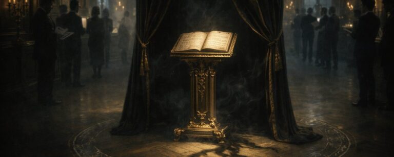 Düsterer Museumssaal im Jagdschloss-Stil: ein goldener Notenpult-Altar mit offenem Notenbuch steht in einem feinen Kreide-Bannkreis, dahinter ein dunkler Vorhang und Besucher-Silhouetten.