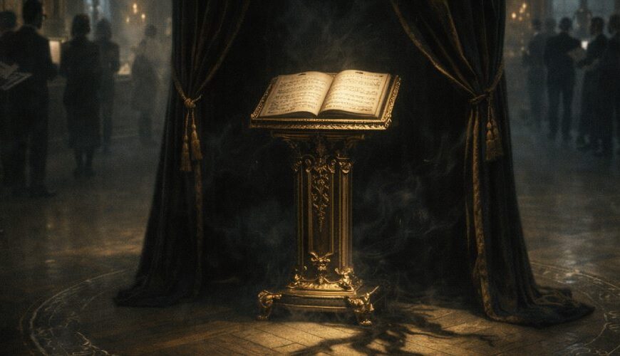 Düsterer Museumssaal im Jagdschloss-Stil: ein goldener Notenpult-Altar mit offenem Notenbuch steht in einem feinen Kreide-Bannkreis, dahinter ein dunkler Vorhang und Besucher-Silhouetten.