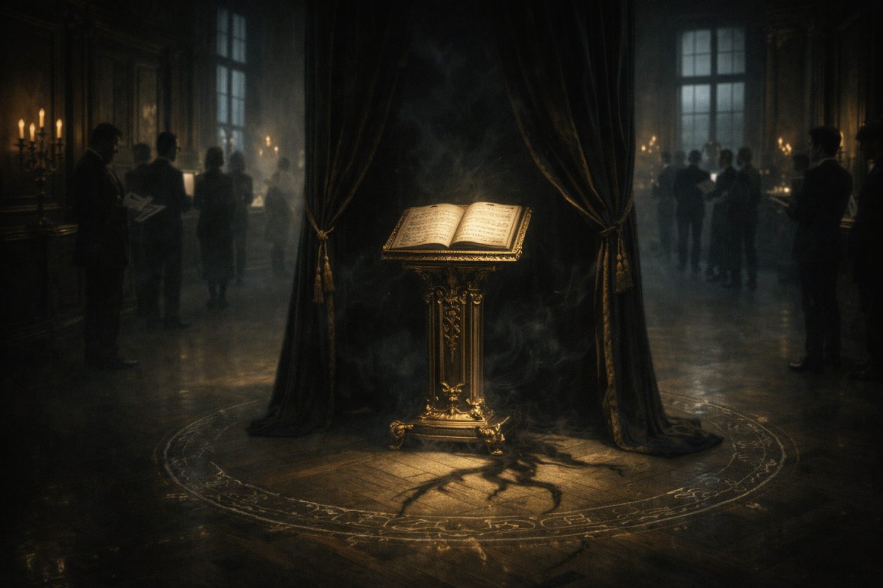 Düsterer Museumssaal im Jagdschloss-Stil: ein goldener Notenpult-Altar mit offenem Notenbuch steht in einem feinen Kreide-Bannkreis, dahinter ein dunkler Vorhang und Besucher-Silhouetten.