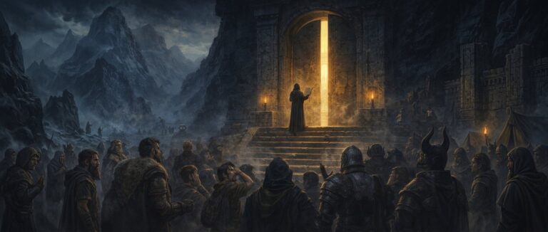 Ein halb geöffneter uralter Torbogen symbolisiert das ferne und weiter nebulöse The Elder Scrolls VI.