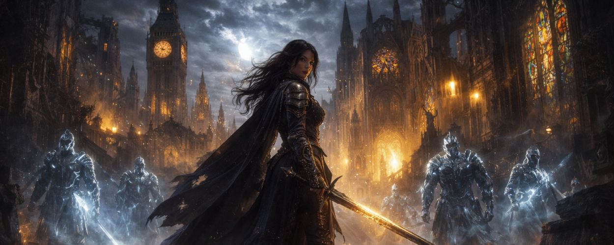 Kriegerin in einem zerstörten Fantasy-London aus Tides of Annihilation zwischen Nebel, Ruinen und spektralen Rittern.