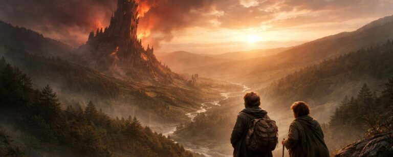 Zwei kleine, unscheinbare Reisende blicken im Morgengrauen über ein Tal auf einen brennenden dunklen Turm in der Ferne.