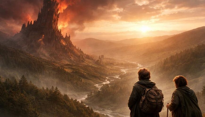 Zwei kleine, unscheinbare Reisende blicken im Morgengrauen über ein Tal auf einen brennenden dunklen Turm in der Ferne.