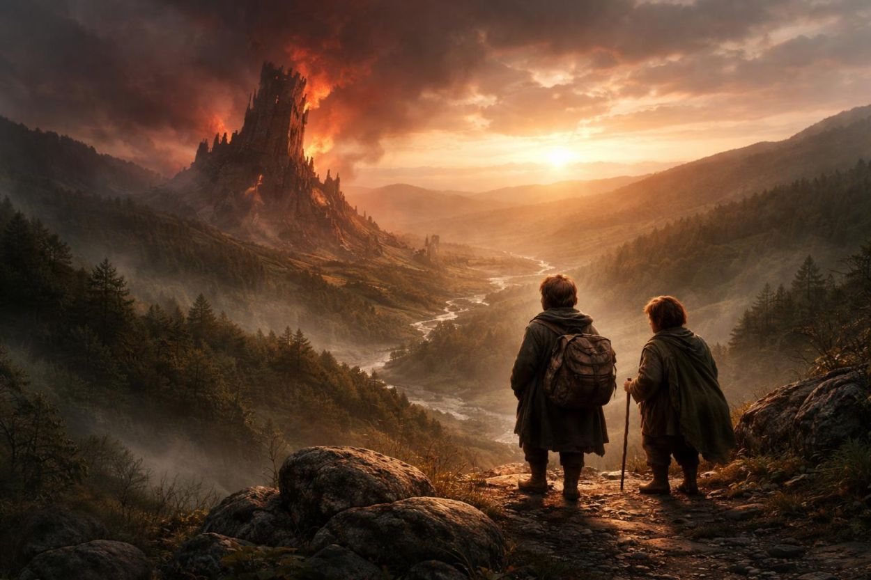 Düstere Bühnen- und Werkstattszene: Zwei fast makellos wirkende junge Darsteller stehen im Licht, umgeben von maskenartigen Gesichtsschalen und einem gesprungenen Spiegel, in dem sich mehrere menschliche Gesichter überlagern.