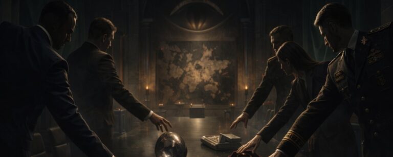 Dunkler Ratssaal zwischen Boardroom und Fantasy-Thronsaal: Mehrere elegant gekleidete Machtfiguren greifen nach symbolischen Artefakten wie Schwert, Ring, dunkler Kugel, Metallblock und Banner, während im Hintergrund ein großes augenförmiges Motiv über einer Kartenwand aufragt.