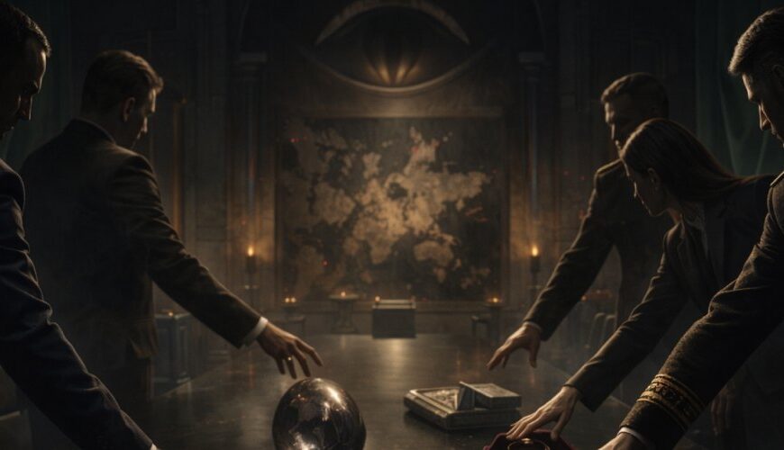 Dunkler Ratssaal zwischen Boardroom und Fantasy-Thronsaal: Mehrere elegant gekleidete Machtfiguren greifen nach symbolischen Artefakten wie Schwert, Ring, dunkler Kugel, Metallblock und Banner, während im Hintergrund ein großes augenförmiges Motiv über einer Kartenwand aufragt.