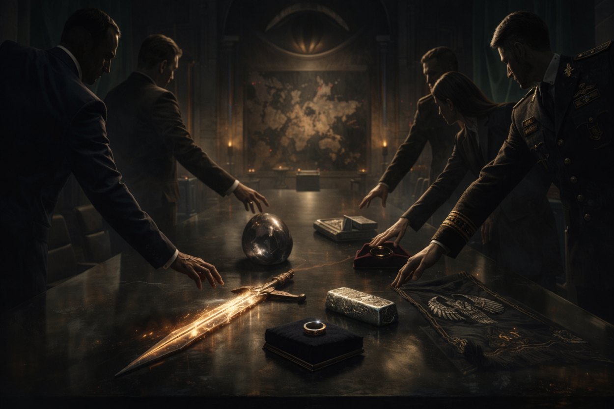 Melancholische Szene in einem eleganten Zimmer: Ein Mann spricht mit einer älteren Frau, während sich hinter ihnen durch ein großes Fenster eine mondbeschienene Küstenstadt wie eine traumhafte Erinnerungslandschaft ausbreitet; auf dem Tisch liegen Koffer und alte Postkarten.