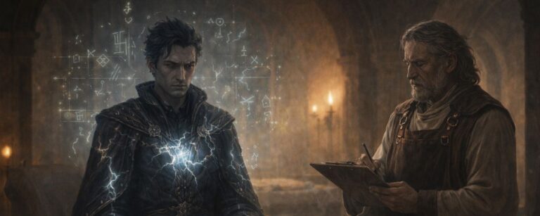 Ein erschöpfter, mächtiger Fantasy-Magier sitzt in einer Figurenklinik auf einer Liege, während ein Arzt mit Klemmbrett die Kosten seiner Magie untersucht.