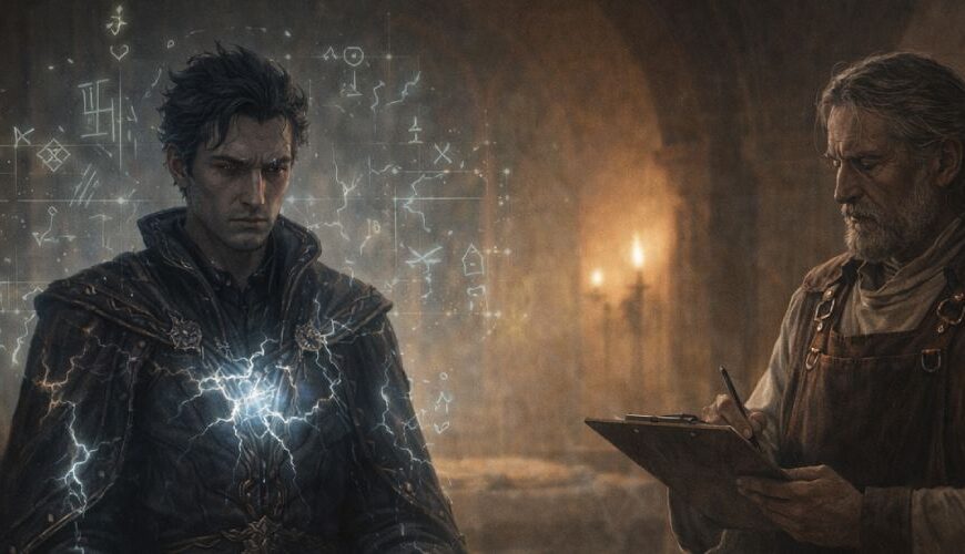 Ein erschöpfter, mächtiger Fantasy-Magier sitzt in einer Figurenklinik auf einer Liege, während ein Arzt mit Klemmbrett die Kosten seiner Magie untersucht.